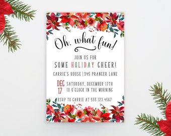May include: A white Christmas party invitation with red and green floral accents. The invitation reads "Oh, what fun! Join us for some Holiday Cheer! Carrie's House | 395 Prancer Lane | Dec 17 | Saturday, December 17th | 10 o'clock in the morning | RSVP to Carrie at 555.123.4567"