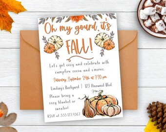 May include: Fall party invitation with a white background and a watercolor illustration of pumpkins and fall leaves. The text reads "Oh my gourd, it's FALL!" and includes details about the party, including the date, time, location, and RSVP information.