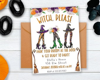 May include: A Halloween party invitation with a white background and orange, purple, and black accents. The invitation features a cartoon illustration of three witches with their legs crossed and the text "Witch, Please" at the top. The invitation also includes the text "Park your broom at the door & get ready to party" and the party details: Stella's House, 456 Elm Street, Saturday, October 29th at 7:00 PM, RSVP at 555.123.4567.