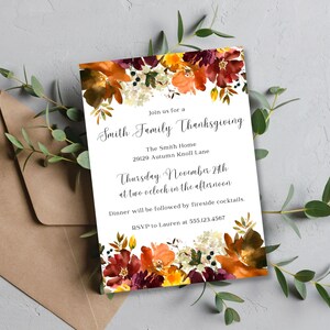 Thanksgiving Invitation, Thanksgiving Invitation Template, Floral Thanksgiving Card Printable, Floral Invitation Printable, Editable Invite