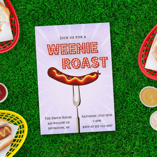 Weenie Roast Invitation, Summer Party Invite, 4th Of July Invite, Labor Day, Summer Barbeque Invitation, Hot Dog Party, Editable Invitation