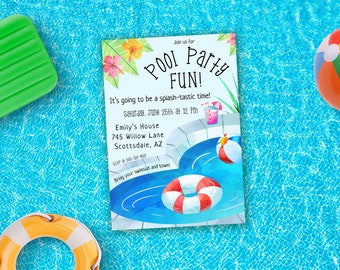 May include: Pool party invitation with a watercolor illustration of a swimming pool, a life preserver, and a beach ball. The text reads "Join us for Pool Party Fun! It's going to be a splash-tastic time! Saturday, June 25th at 12 PM Emily's House 745 Willow Lane Scottsdale, AZ Bring your swimsuit and towel"