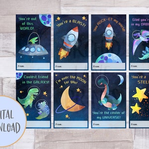 Space dino Valentines, printable Valentine&#39;s cards, kids Valentine&#39;s, dinosaur Valentine&#39;s cards, instant download, print at home cards