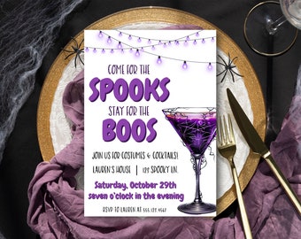 May include: Purple and white Halloween party invitation with the text "Come for the Spooks Stay for the Boos". The invitation features a purple cocktail with a spider web design and a string of purple lights.