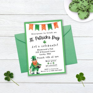 Jeder ist irisch am St. Patricks Day, St. Patricks Day Einladung, Kleeblatt Einladung, Kobold einladen, personalisierte Einladungen, bearbeitbar