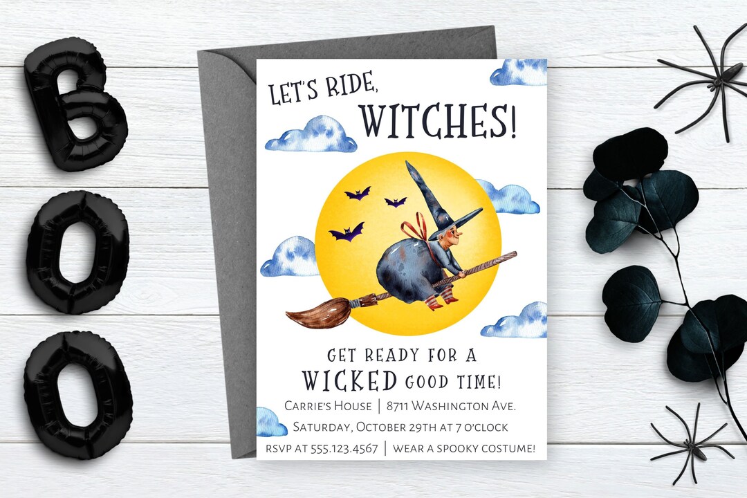Let’s Ride Witches, Halloween Witch Invitation, Witches Broom, Cute ...