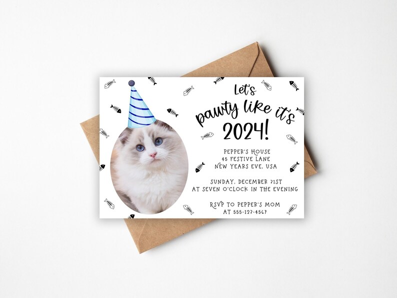 Pet Photo Invitation, New Years Eve Invite, New Years Eve Party, Cat