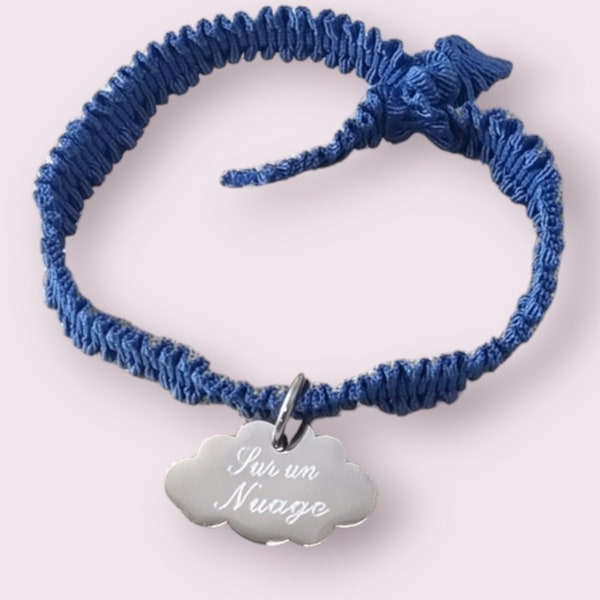 Bracelet Elastique Froufrou Médaille Nuage Acier Gravée - Fête des mères, anniversaire, Noël, Saint-Valentin, Bijou personnalisé