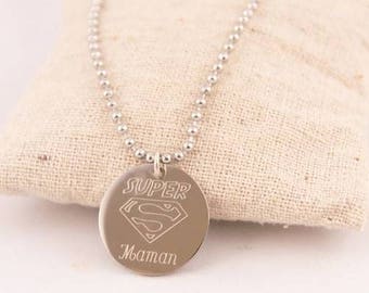 Pendentif Super Maman en Acier Personnalisé Gravure Verso, Cadeau Maman, Noël, Fête des Mères