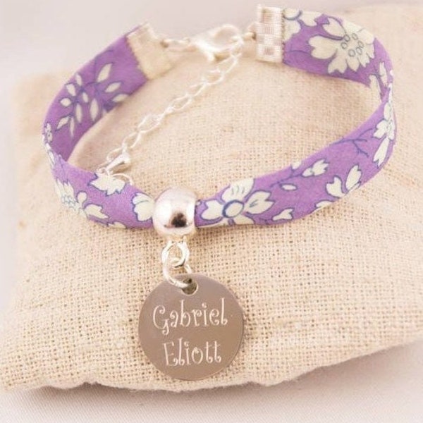 Bracelet Enfant Liberty Mauve Médaille Prénom Gravé Personnalisé, Bijou Enfant, Noël, Anniversaire