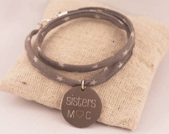 Bracelet 2 Tours Tissu Etoiles Médaille Ronde Acier Gravure Personnalisée