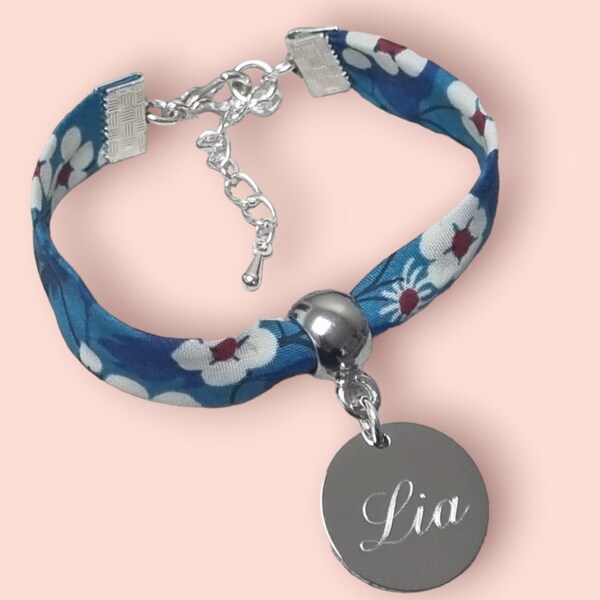 Bracelet Enfant Liberty Mitsi Bleu Médaille Prénom Gravé Personnalisé, Cadeau Noël, Anniversaire