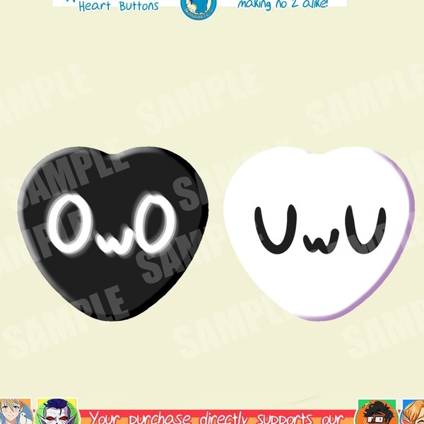 Hand pressed OwO , UwU kawaii cute meme Heart Button (Pick your Buttons) 2.24"