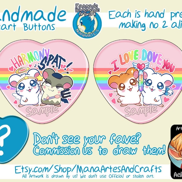 Hand pressed Hamtaro Heart Button (Pick your Buttons) 2.24"