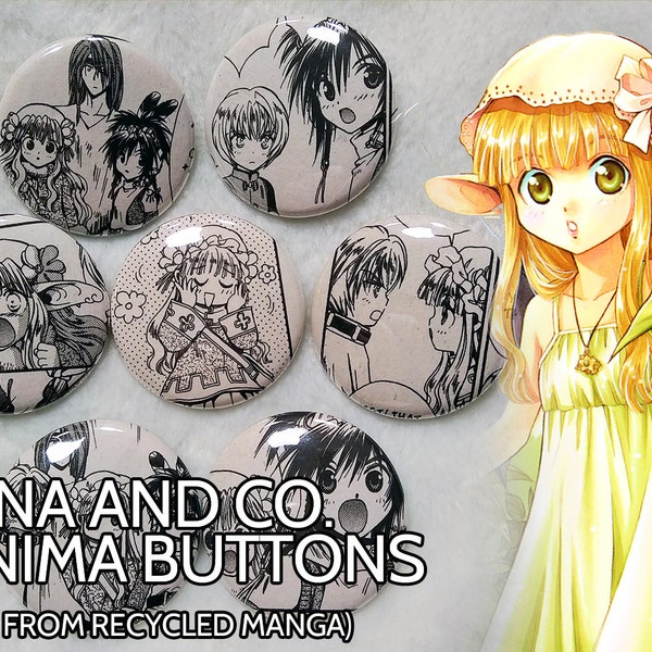 Nana and Co. +ANIMA Recycled Manga 1.5" pin-back buttons (Pick your Buttons)