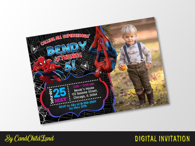 Digital Superhero Birthday Invitation Spiderman Birthday Invitation