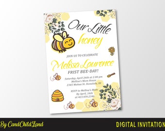 1st Birthday Girl Bee Invitation, Bee Birthday Invitation, Bee 1st Birthday Invite, 1st Bee Day Invitation, Bumble Bee Birthday, Honey Bee