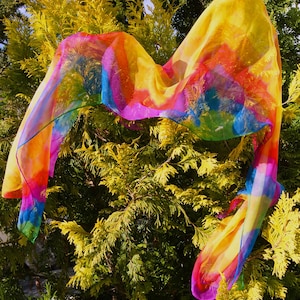 Könnte beinhalten: Ein farbenfrohes Seidentuch in Regenbogenfarben, drapiert über einem grünen Busch. Die Farben des Schals verschmelzen, mit Gelb, Orange, Rot, Rosa, Lila, Blau und Grün. Das Tuch scheint aus leichtem, fließendem Material zu sein.