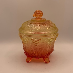 Vintage Candy Dish - Small, Amberina, Footed Glass Dish with Grapes and Leaves - Great Unusual Color!