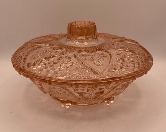 Pretty Pink Candy Dish, KIG Indonesia, Pressed Glass with Hearts and Flowers - Perfect Valentine's Day Gift!!