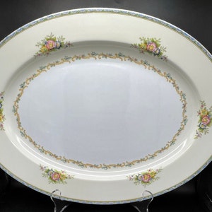 Noritake Fine China - Aubery Pattern- 16&quot; Oval Serving Platter - Gold and Blue Trim - Flower Details