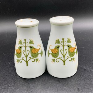May include: Two white ceramic salt and pepper shakers with a bird and floral design. The shakers have a rounded shape and small holes on top. The bird design is green and orange, with a green floral motif.