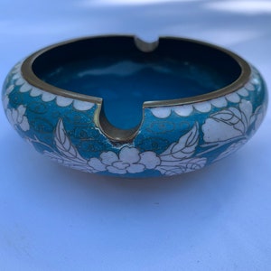 Antique Chinese Cloisonné Ashtray: Turquoise Water Lily Decor