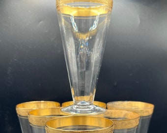 Vintage Gold Rimmed Beer Glasses - Tall Footed Glassware, Set of 7