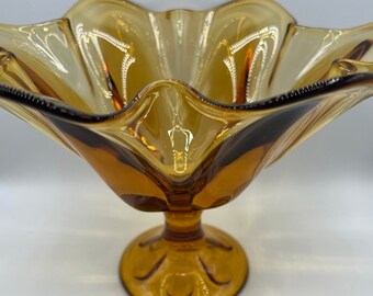 Vintage Viking Amber Glass Compote Bowl: Handkerchief Rim Pedestal Bowl