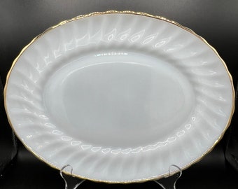 Vintage Anchor Hocking Milk Glass Platter: Gold Swirl Rim, 13" Wide