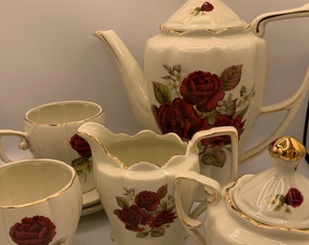 Vintage China Tea Set: Hand Painted Roses, Gold Trim