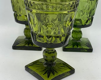 Olive Green Glass Goblets with Square Base - Wine Glasses - Colony Park Lane Pattern - Indiana Glass - Set of 4