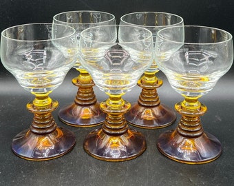 Vintage German Roemer Amber Wine Glasses Beehive Stems - 5.75" Tall - Set of 5 - GREAT GLASSES!