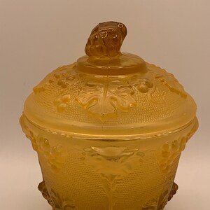 Vintage Candy Dish - Small, Amber, Footed Glass Dish with Grapes and Leaves - 6 inch tall by 4.5 inch wide