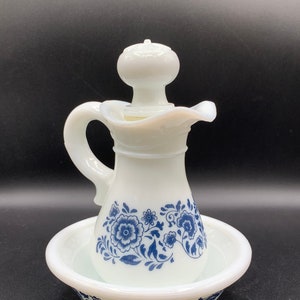 Vintage Avon Cruet with Matching Underplate -  Milk Glass with Blue Flowers - Really Pretty!