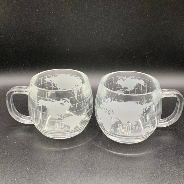 Vintage 1973 Nestle Glass Etched Heavy Coffee Mugs - Set of 2 - Excellent Condition - Globe Shape - World Map Etched - Travel the World!!