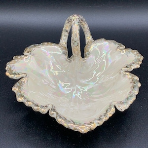 Vintage Leaf Dish: Iridescent Glaze, Signed EB, 1970s Trinket Bowl