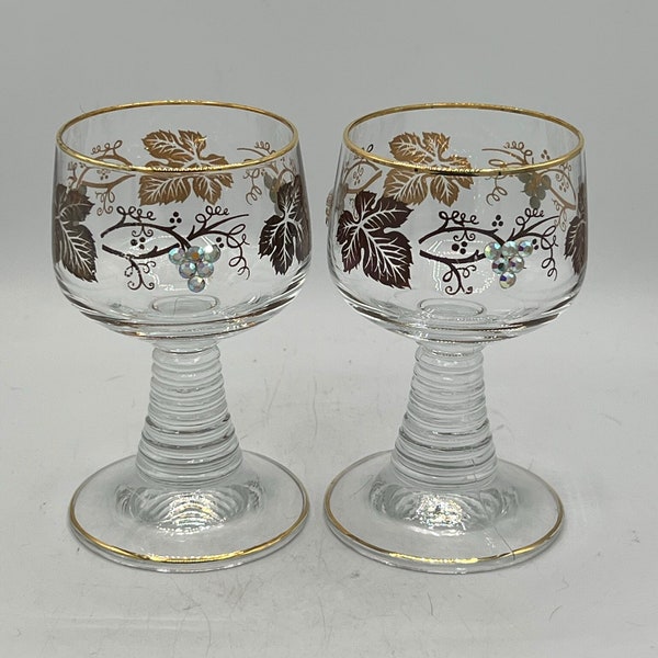 Set of 2 German Rhein Glass Roemer Vintage Goblet Wine Glass - Gold Trim and Clear Beehive Stem - So Beautiful!!  Large Glasses