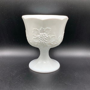 Vintage Milk Glass Footed Bowl: Grape Leaves Design
