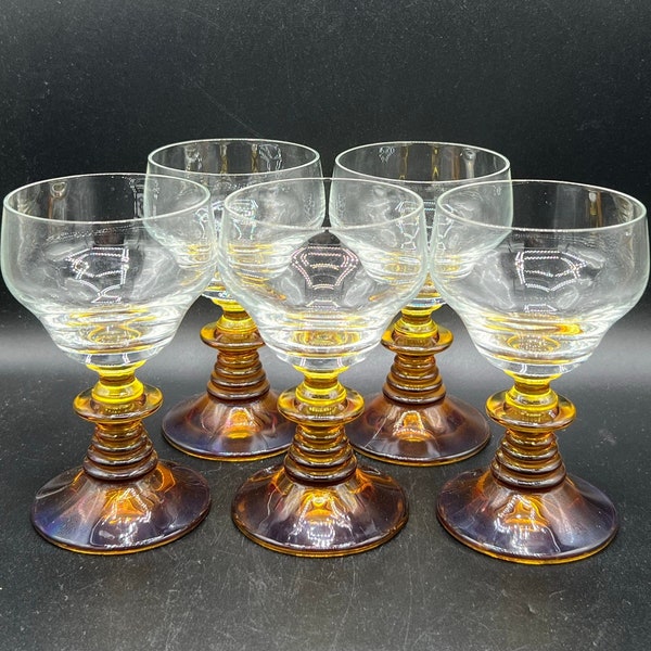 Vintage German Roemer Amber Wine Glasses Beehive Stems - 5.75" Tall - Set of 5 - GREAT GLASSES!