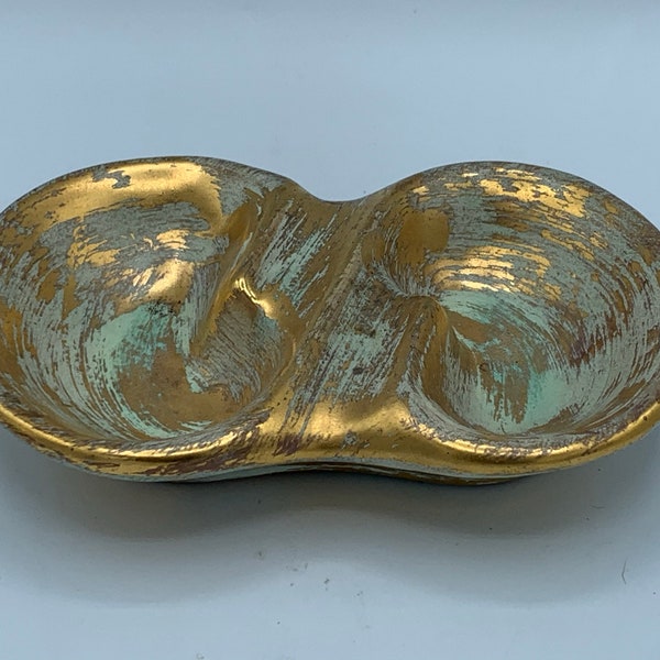 Mid Century Vintage Stangl Antique Gold 1954 Ashtray Trinket Dish With Label - Light Blue and Gold - Beautiful Sheen and Shape!