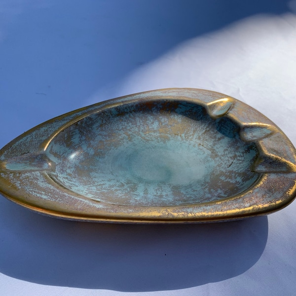 Stangl Pottery 3094 Vintage Ashtray -  Light Blue and Gold - Kidney Shaped - Beautiful Sheen and Shape!  Lovely MCM Glamour!