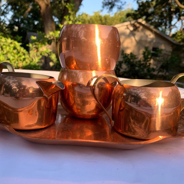 Copper Tray with Glasses, Creamer, Sugar Bowl - Amazing Hostess Gift!!!