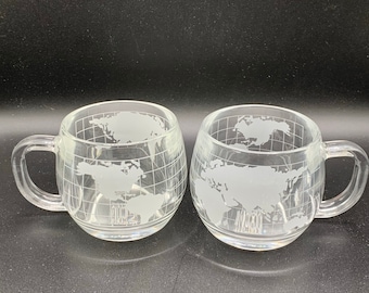Vintage Nestle Etched Glass Coffee Mugs - World Map Globe - 1973 - Set of 2