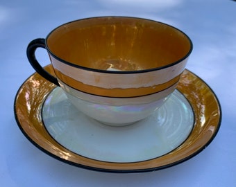 KPM Berlin, Germany - Coffee "Kaffe" Cup and Saucer SET - Opalescent - White Cup with Orange and Black Bands - Super Fine China - Beautiful!