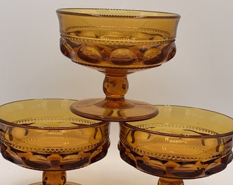 Vintage Indiana Glass King's Crown Thumbprint Sherbet Dishes in Amber - Set of 3