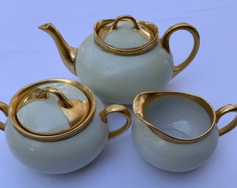FANTASTIC Vintage Teapot, Creamer, Sugar Bowl - Art Deco - Cream with Gold Trim