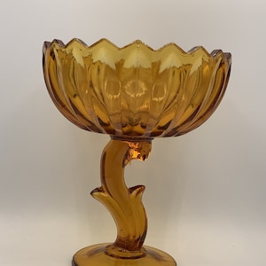 Vintage Indiana Glass Company Art Deco Amber Lotus Blossom Flower Shaped Compote Pedestal Bowl Candy Dish