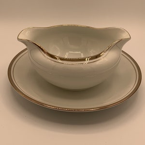 Royalton China Co,  Golden Elegance Gravy Boat With Attached Plate, Translucent Porcelain. Lovely, 1950s