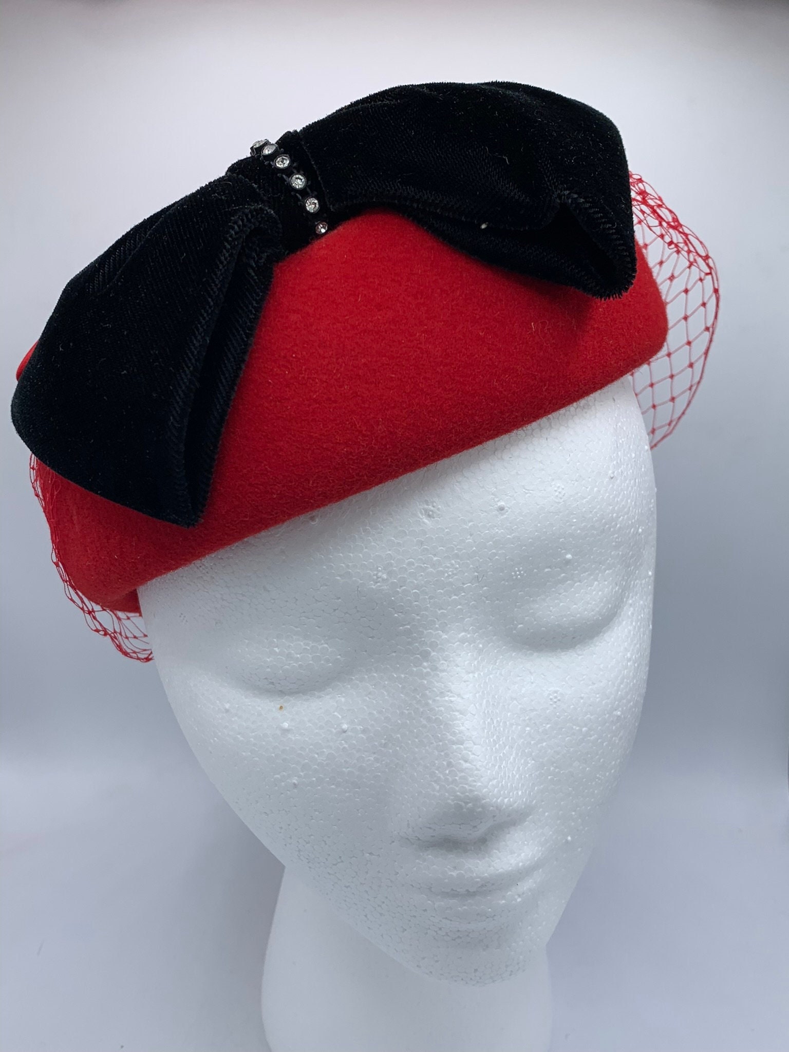 Vintage Red Veiled Hat: Black Velvet Bow, Church Wedding 